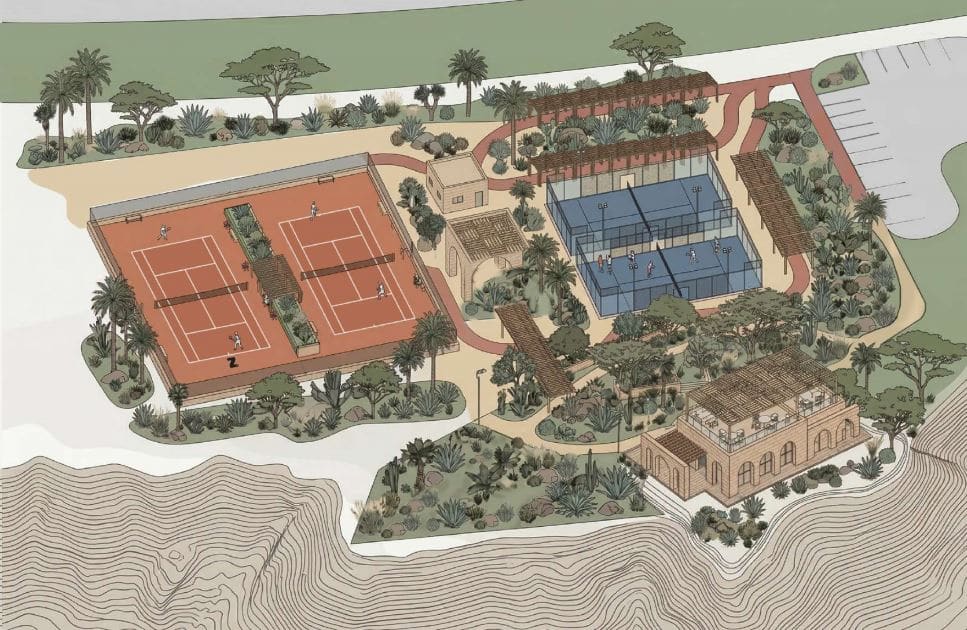 Illustrated masterplan of a private tennis and padel facility with clubhouse and landscaping